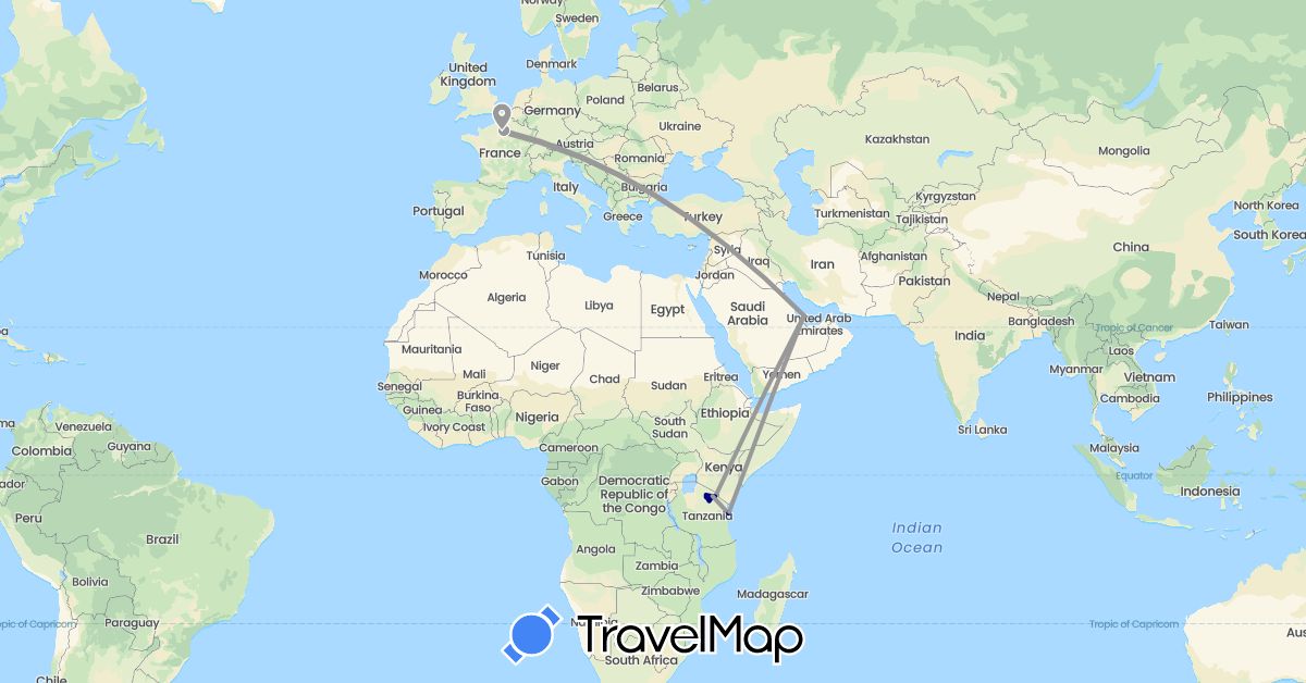 TravelMap itinerary: driving, plane in France, Qatar, Tanzania (Africa, Asia, Europe)